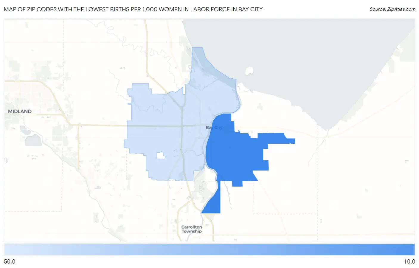 Zip Codes with the Lowest Births per 1,000 Women in Labor Force in Bay City Map
