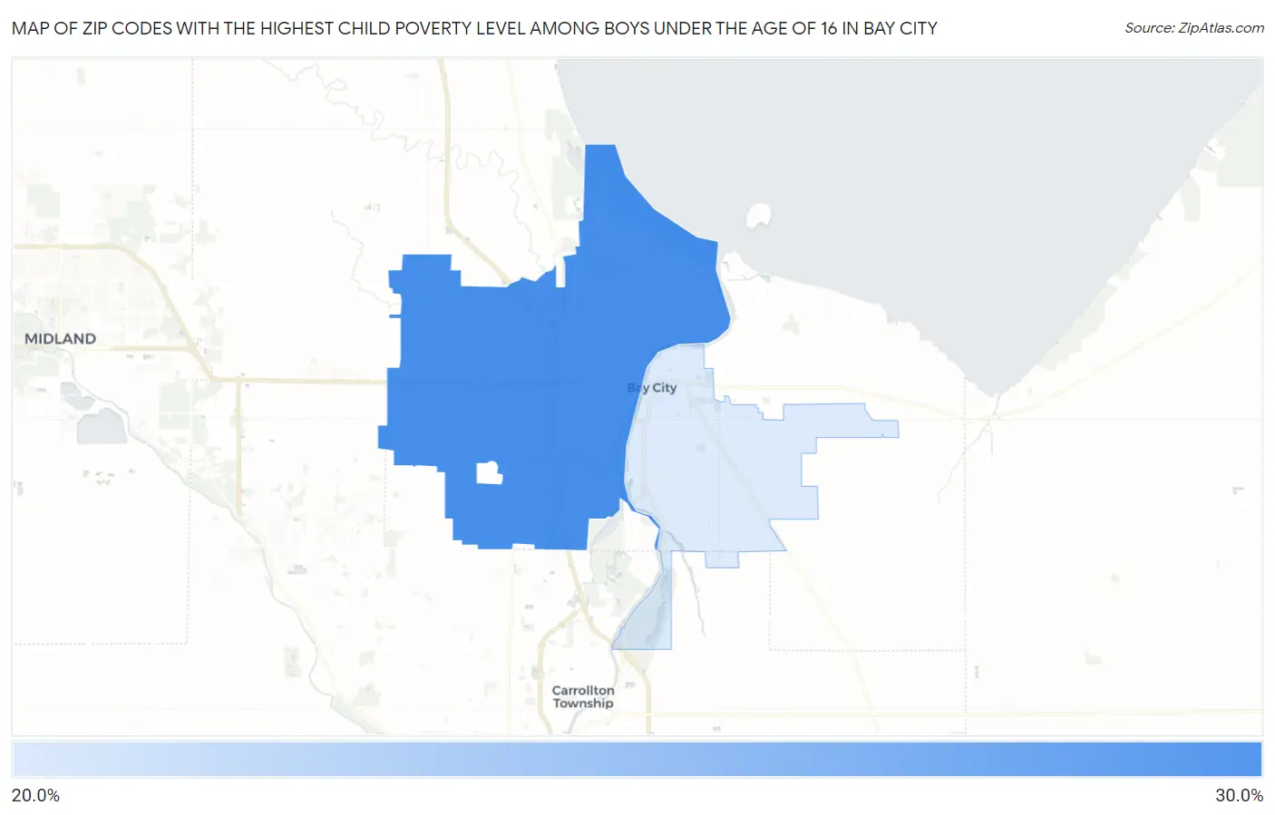 Zip Codes with the Highest Child Poverty Level Among Boys Under the Age of 16 in Bay City Map