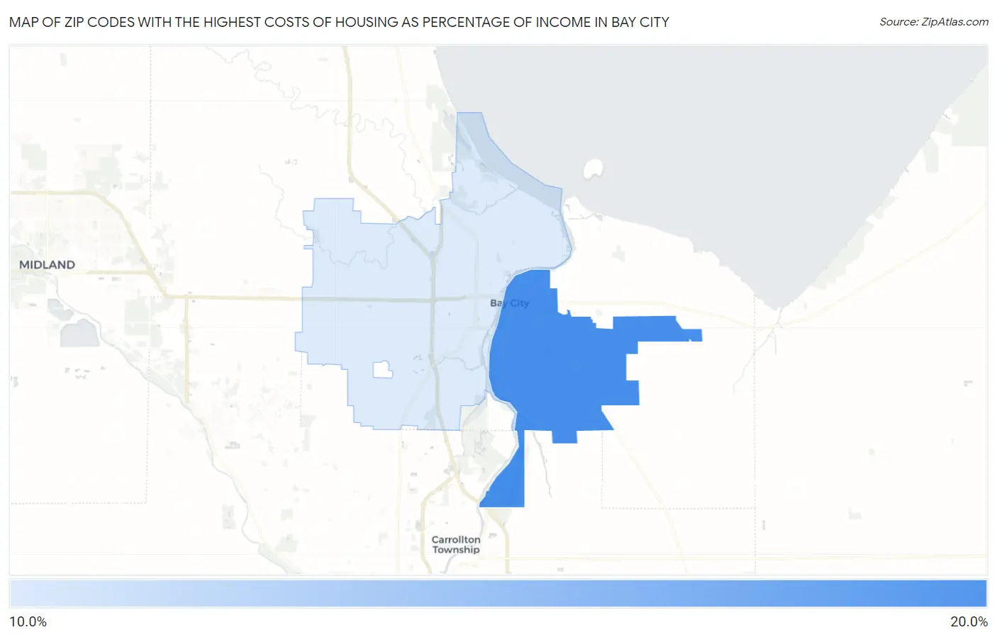 Zip Codes with the Highest Costs of Housing as Percentage of Income in Bay City Map