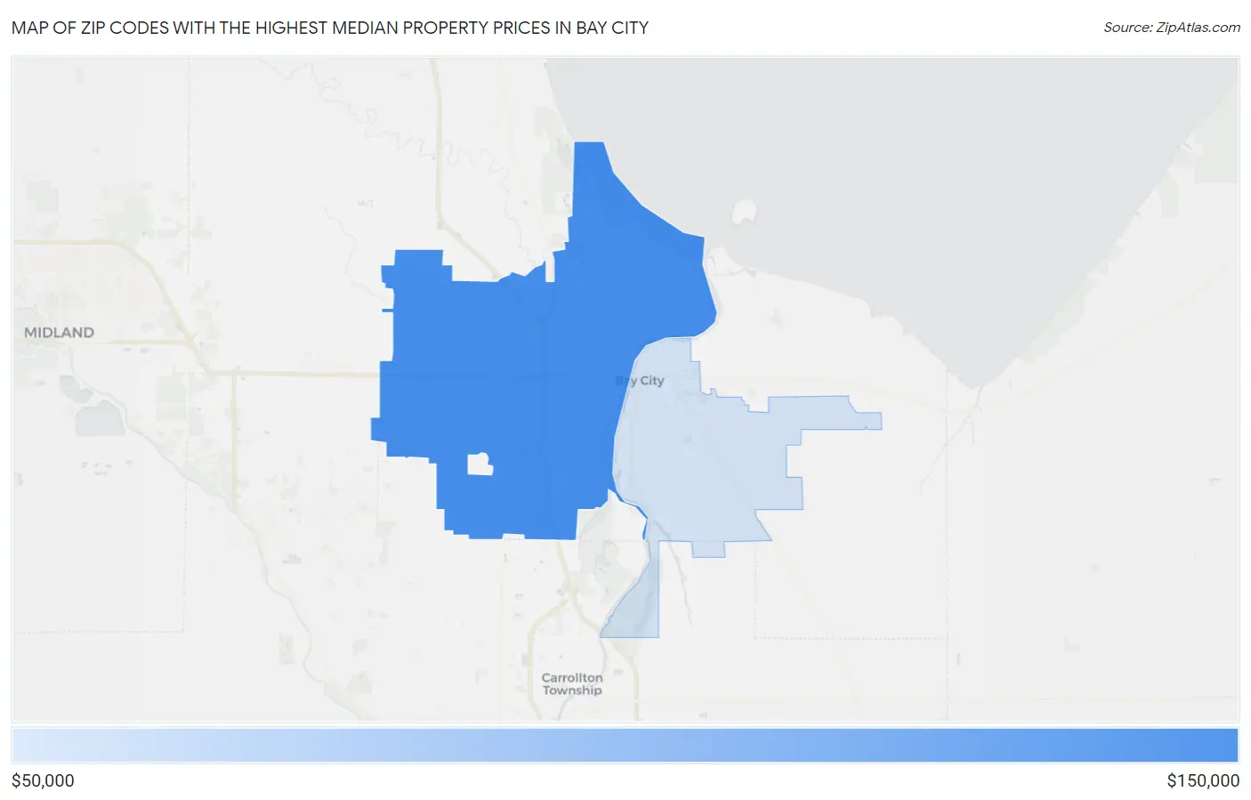 Zip Codes with the Highest Median Property Prices in Bay City Map