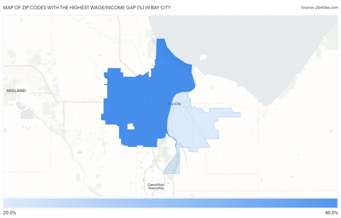 Zip Codes with the Highest Wage/Income Gap (%) in Bay City Map