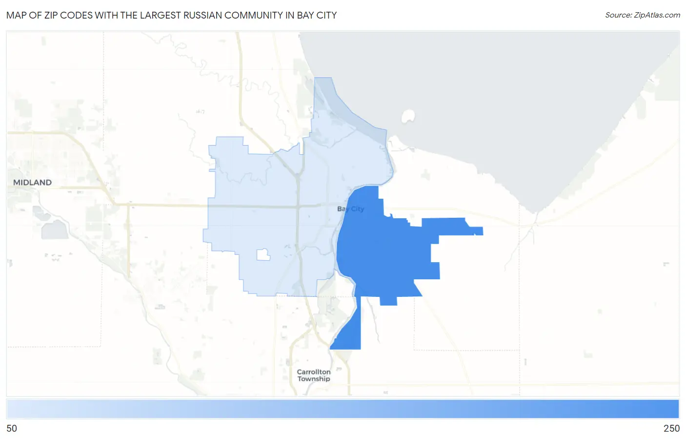 Zip Codes with the Largest Russian Community in Bay City Map