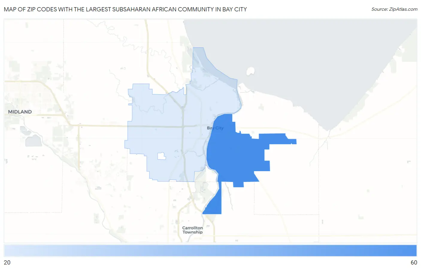 Zip Codes with the Largest Subsaharan African Community in Bay City Map