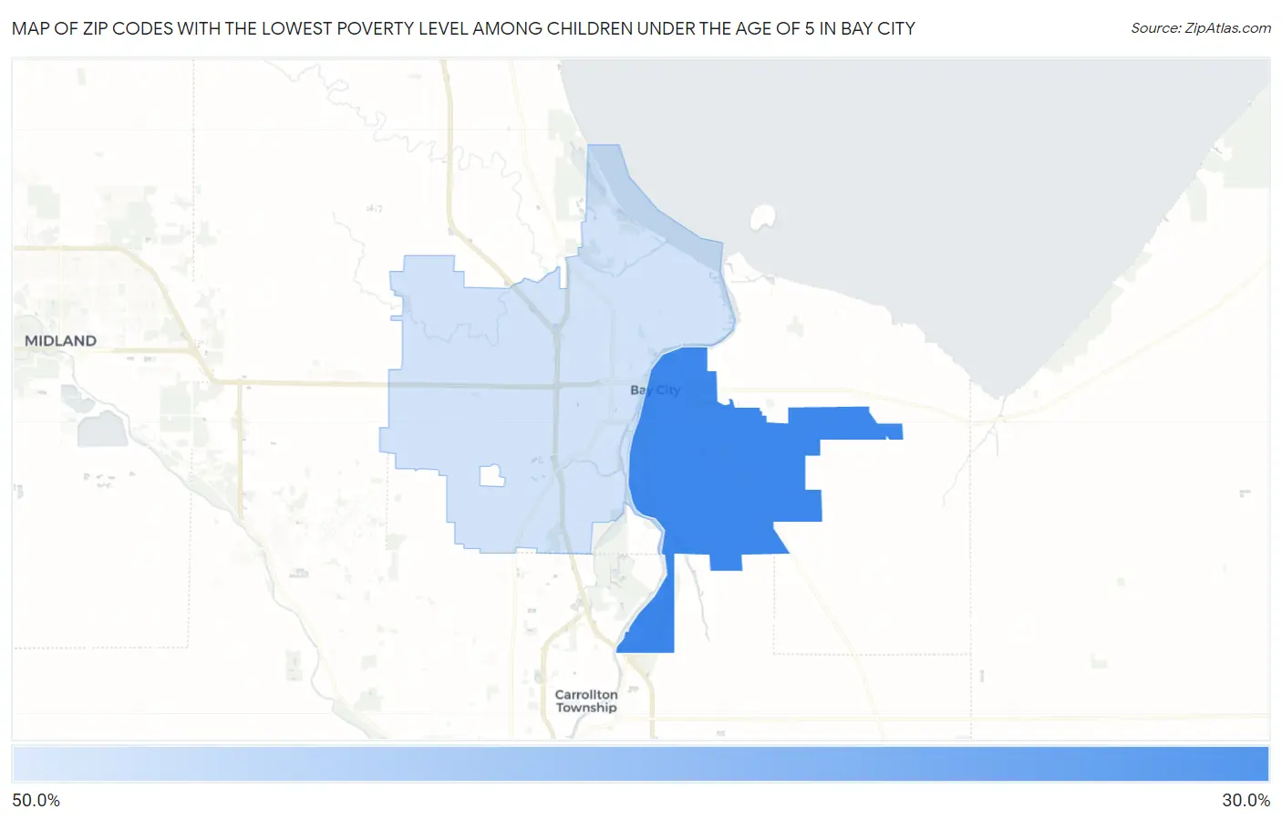 Zip Codes with the Lowest Poverty Level Among Children Under the Age of 5 in Bay City Map
