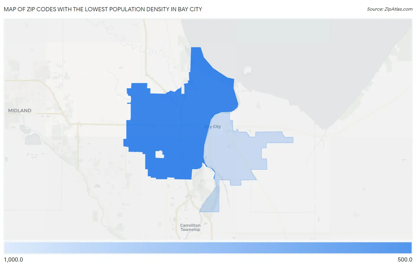 Zip Codes with the Lowest Population Density in Bay City Map