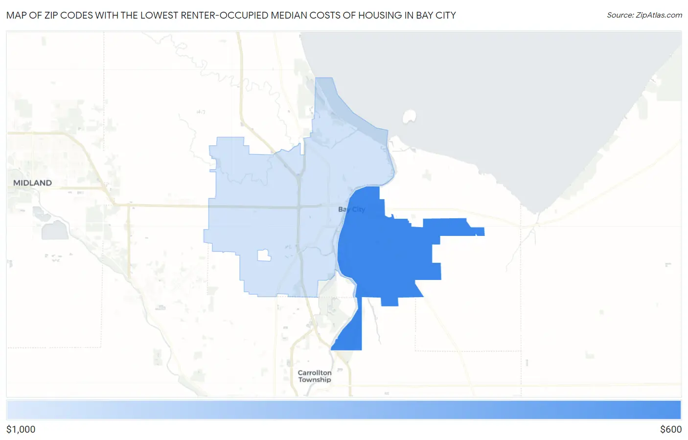 Zip Codes with the Lowest Renter-Occupied Median Costs of Housing in Bay City Map