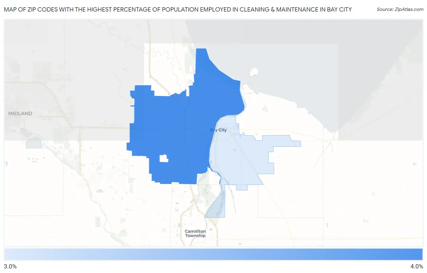 Zip Codes with the Highest Percentage of Population Employed in Cleaning & Maintenance in Bay City Map