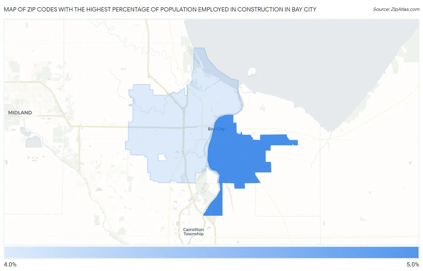 Zip Codes with the Highest Percentage of Population Employed in Construction in Bay City Map