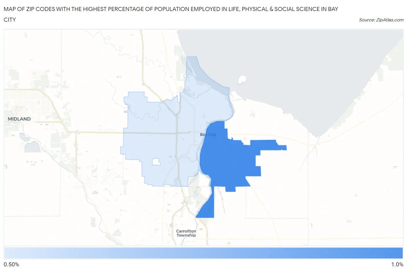 Zip Codes with the Highest Percentage of Population Employed in Life, Physical & Social Science in Bay City Map