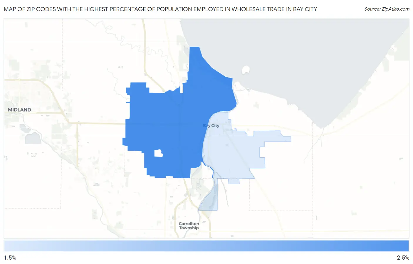 Zip Codes with the Highest Percentage of Population Employed in Wholesale Trade in Bay City Map