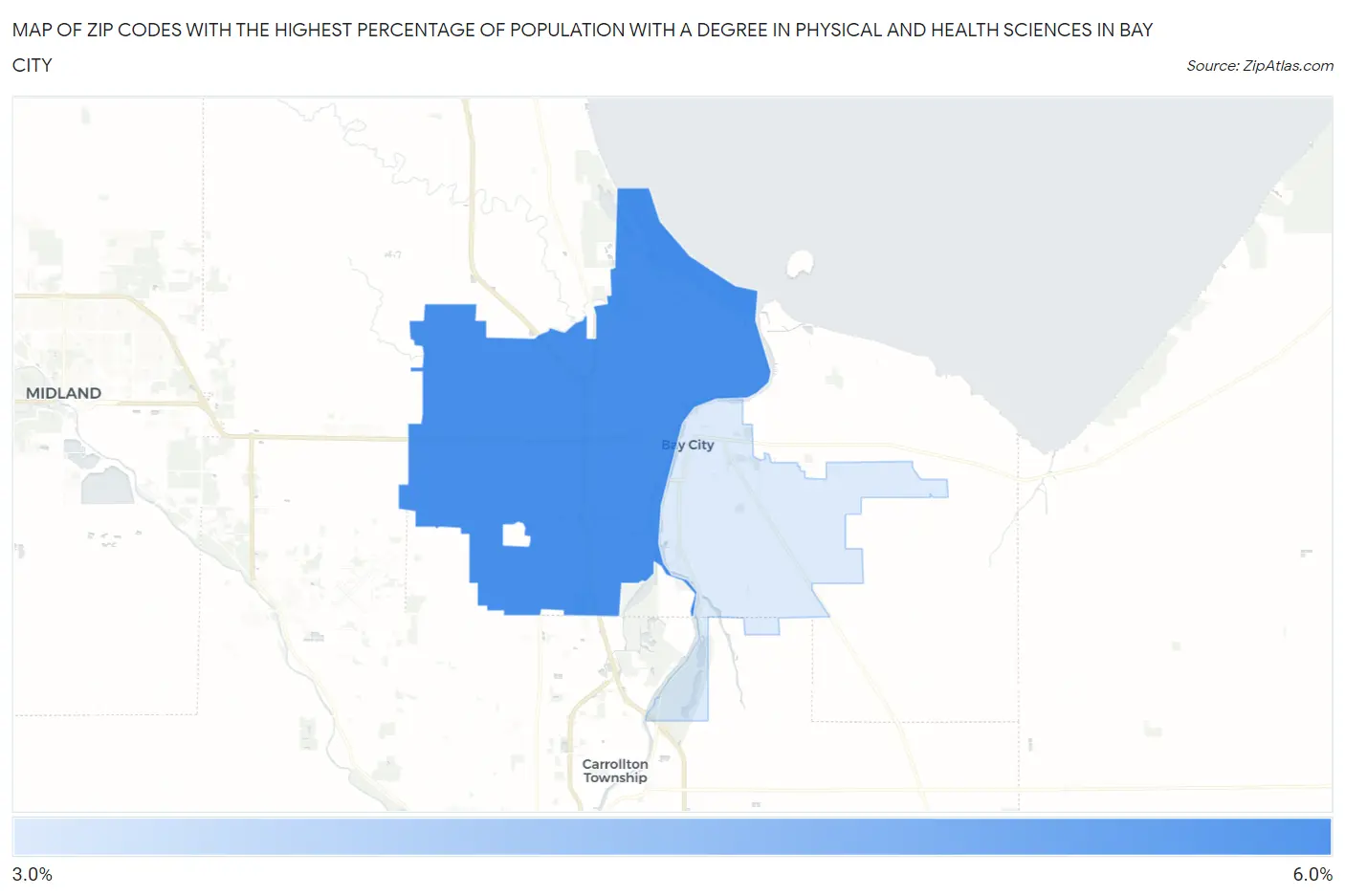 Zip Codes with the Highest Percentage of Population with a Degree in Physical and Health Sciences in Bay City Map