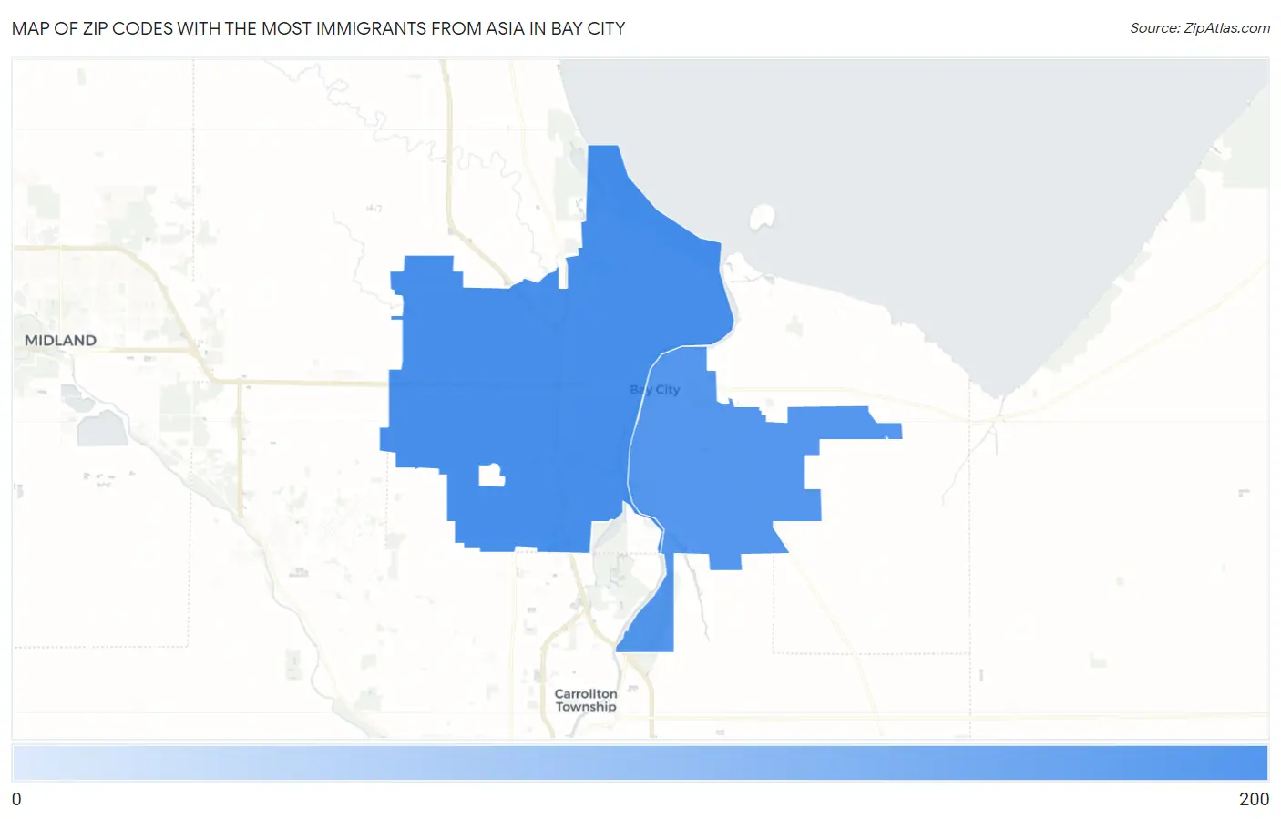 Zip Codes with the Most Immigrants from Asia in Bay City Map