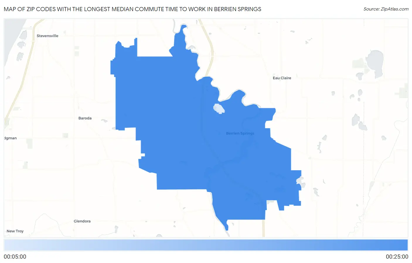 Zip Codes with the Longest Median Commute Time to Work in Berrien Springs Map