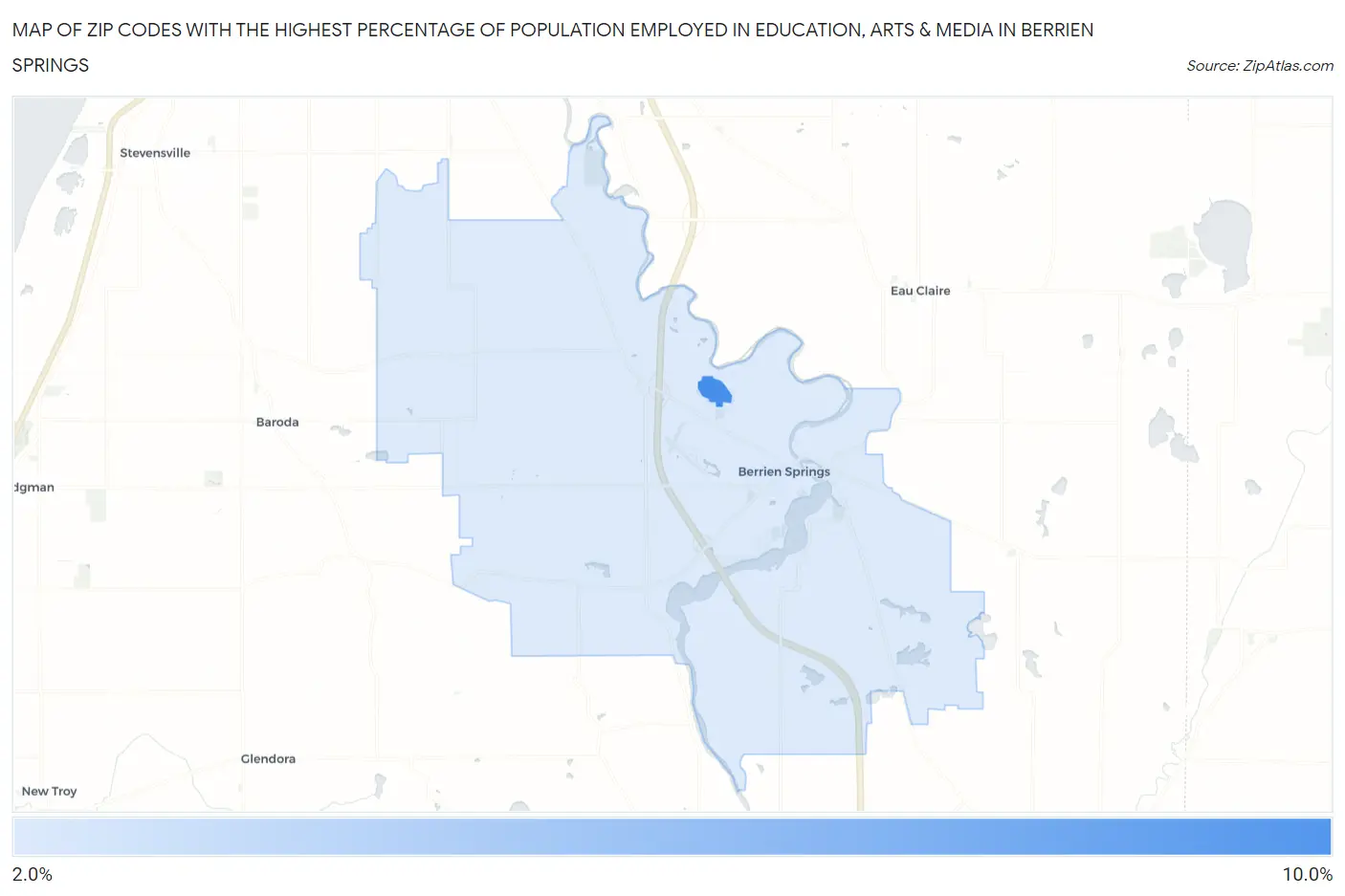 Zip Codes with the Highest Percentage of Population Employed in Education, Arts & Media in Berrien Springs Map