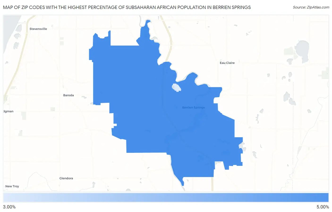 Zip Codes with the Highest Percentage of Subsaharan African Population in Berrien Springs Map