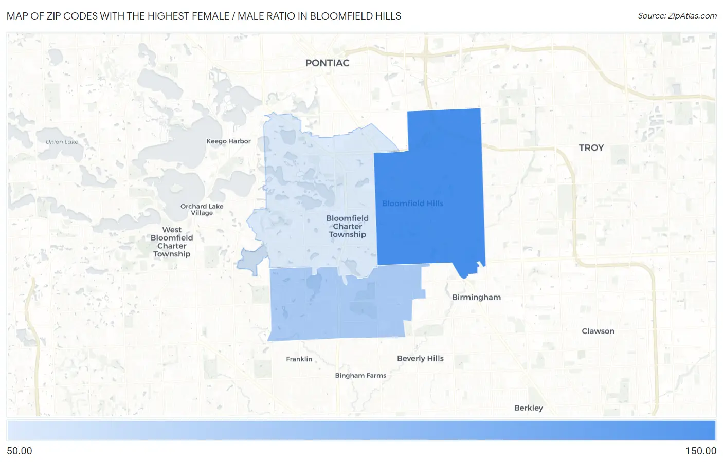 Zip Codes with the Highest Female / Male Ratio in Bloomfield Hills Map