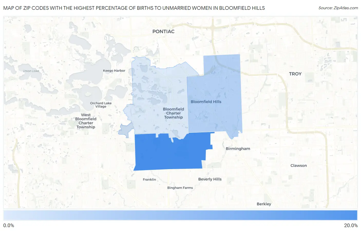 Zip Codes with the Highest Percentage of Births to Unmarried Women in Bloomfield Hills Map