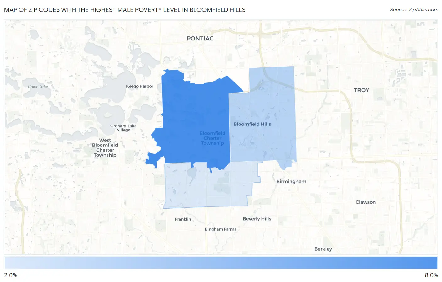 Zip Codes with the Highest Male Poverty Level in Bloomfield Hills Map