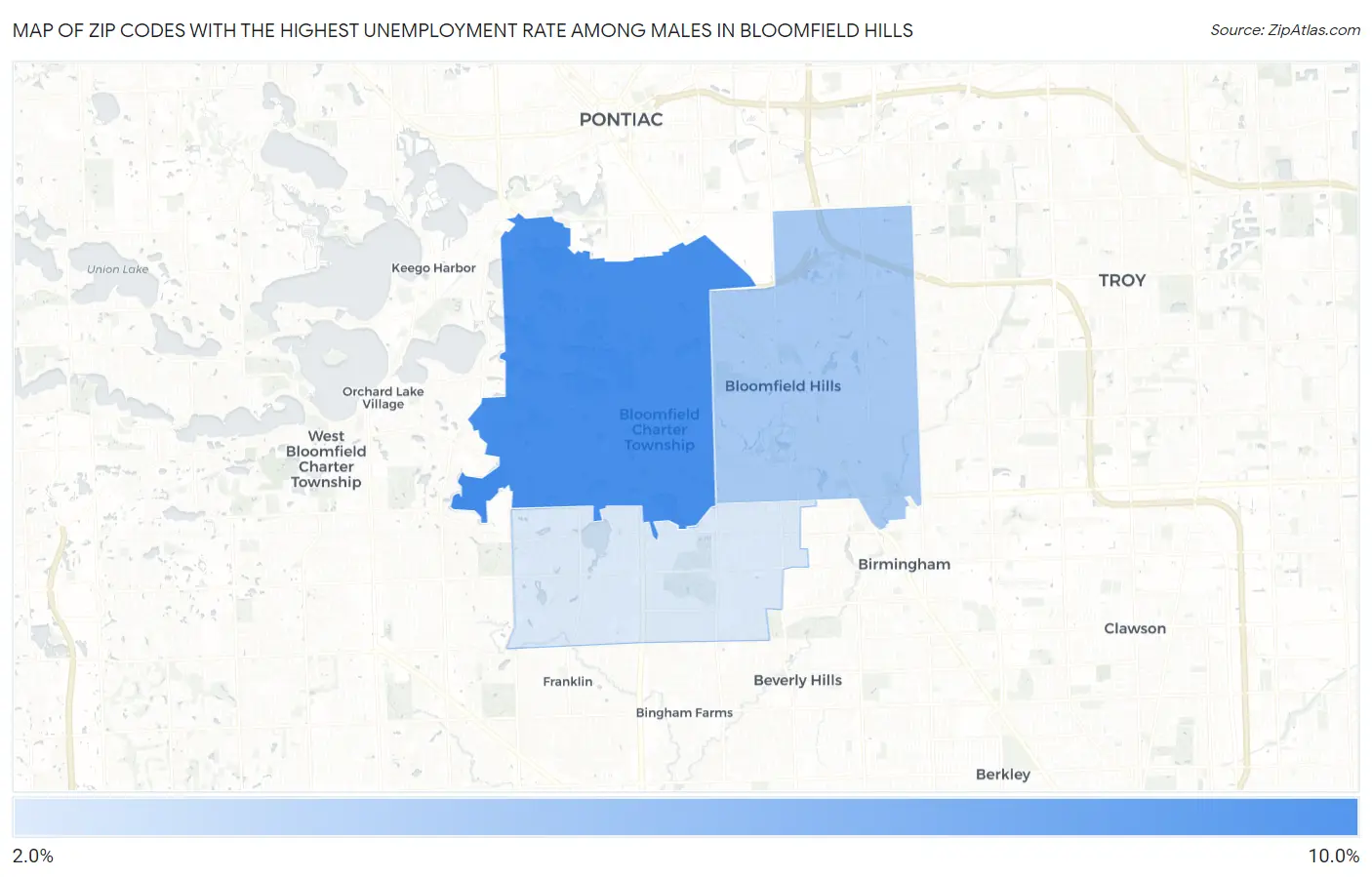 Zip Codes with the Highest Unemployment Rate Among Males in Bloomfield Hills Map