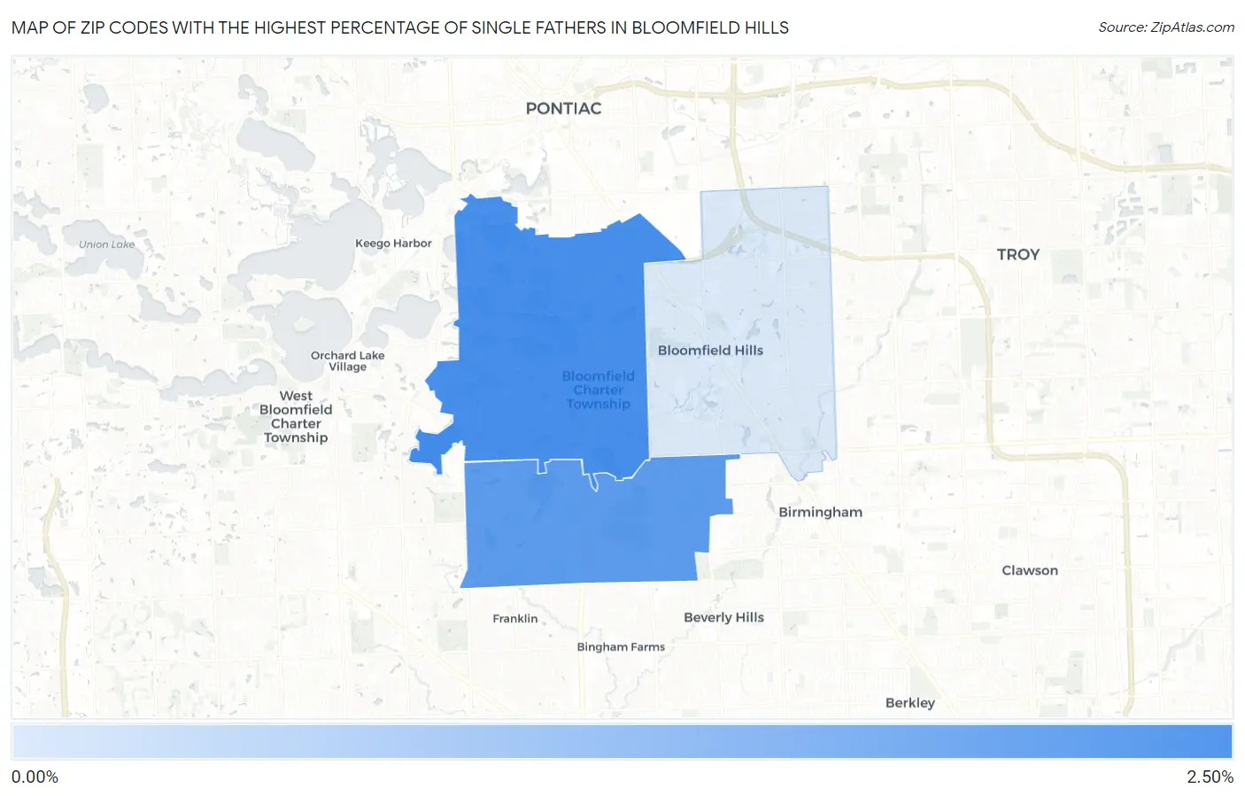 Zip Codes with the Highest Percentage of Single Fathers in Bloomfield Hills Map
