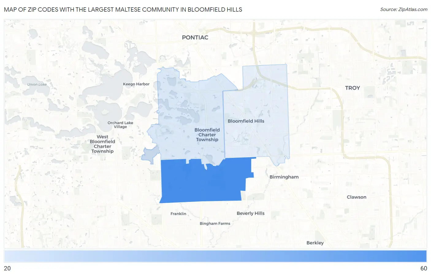 Zip Codes with the Largest Maltese Community in Bloomfield Hills Map