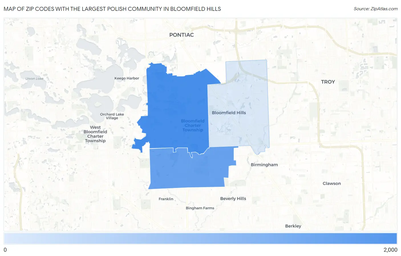 Zip Codes with the Largest Polish Community in Bloomfield Hills Map