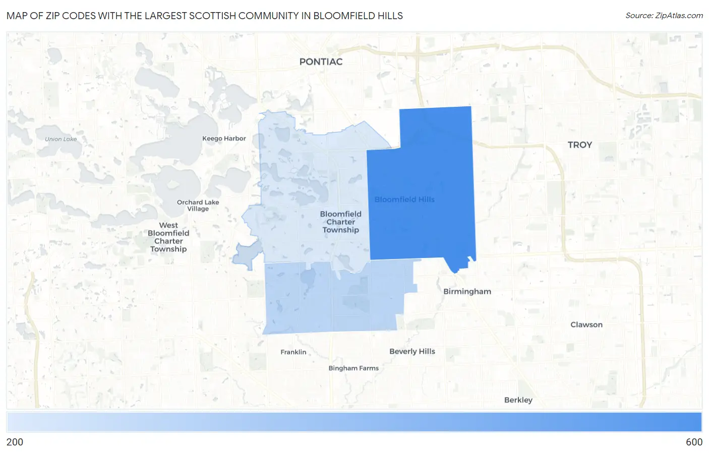 Zip Codes with the Largest Scottish Community in Bloomfield Hills Map