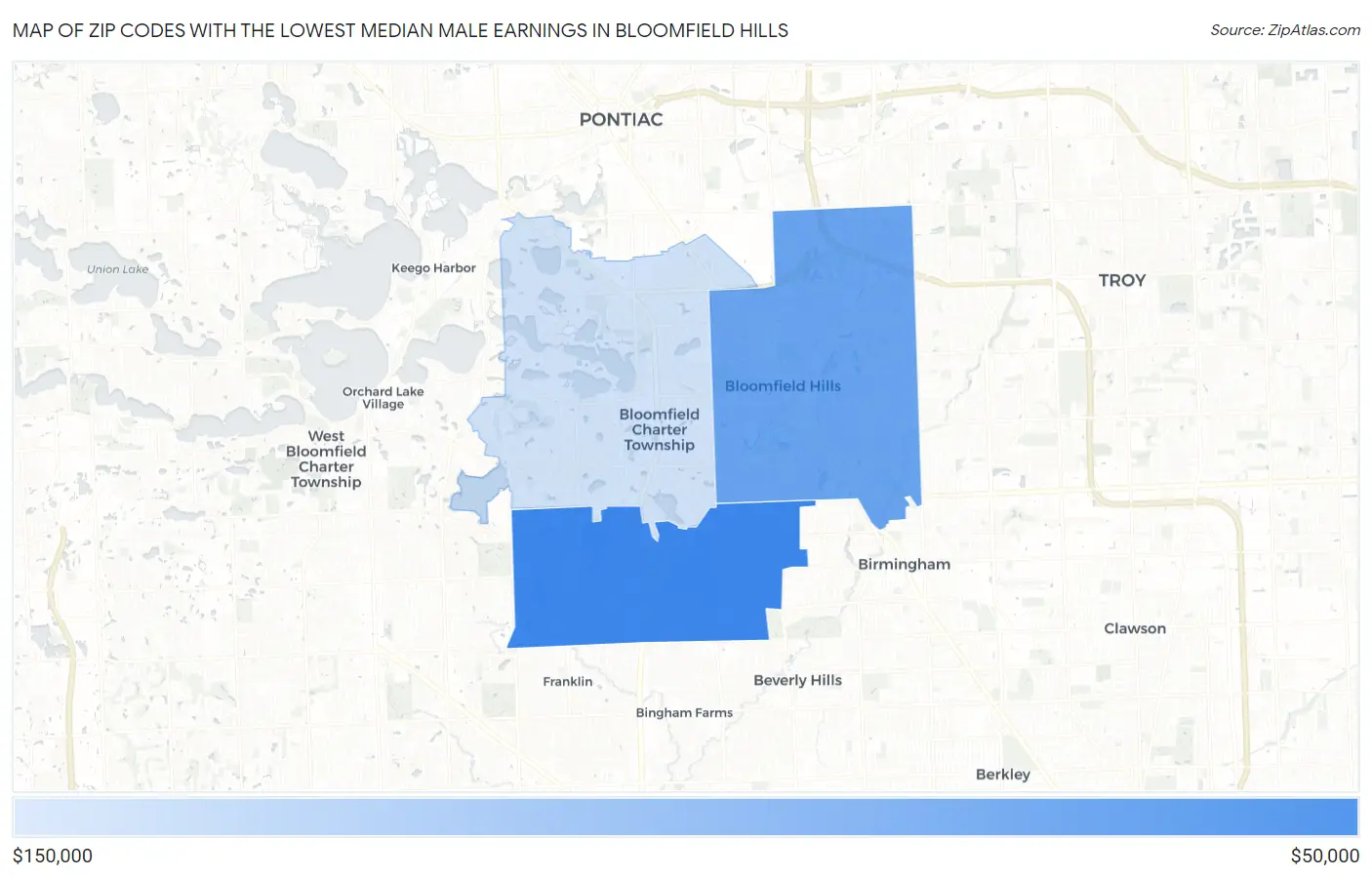 Zip Codes with the Lowest Median Male Earnings in Bloomfield Hills Map
