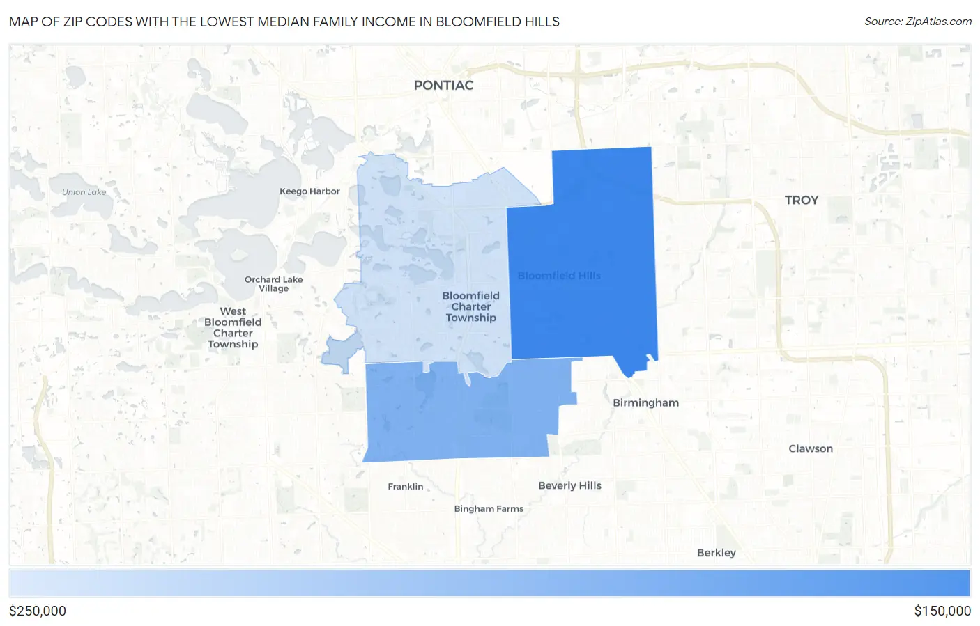 Zip Codes with the Lowest Median Family Income in Bloomfield Hills Map