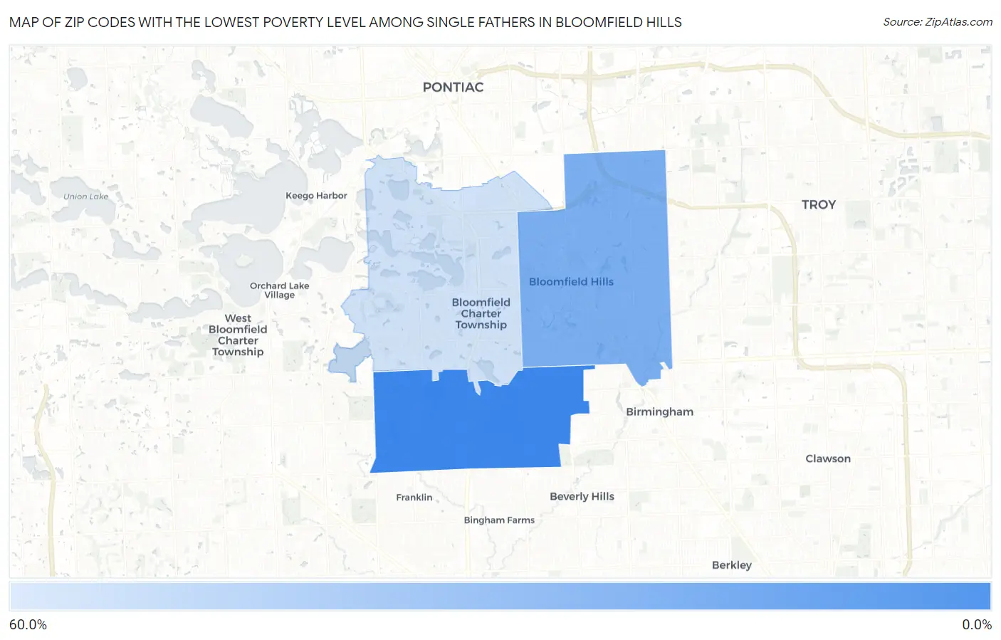 Zip Codes with the Lowest Poverty Level Among Single Fathers in Bloomfield Hills Map