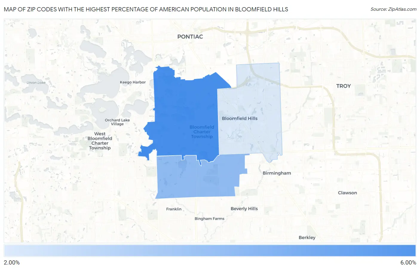 Zip Codes with the Highest Percentage of American Population in Bloomfield Hills Map