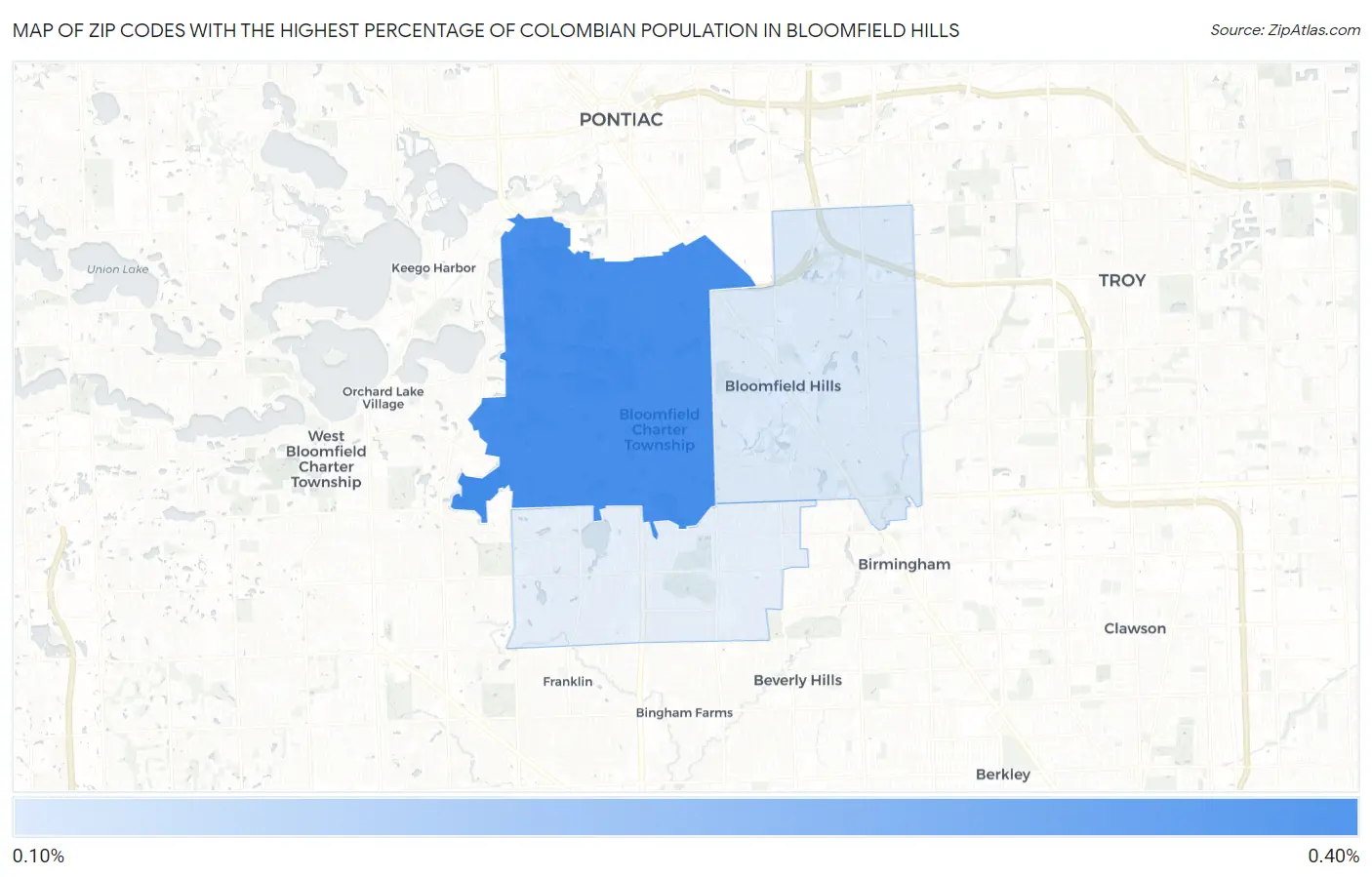 Zip Codes with the Highest Percentage of Colombian Population in Bloomfield Hills Map