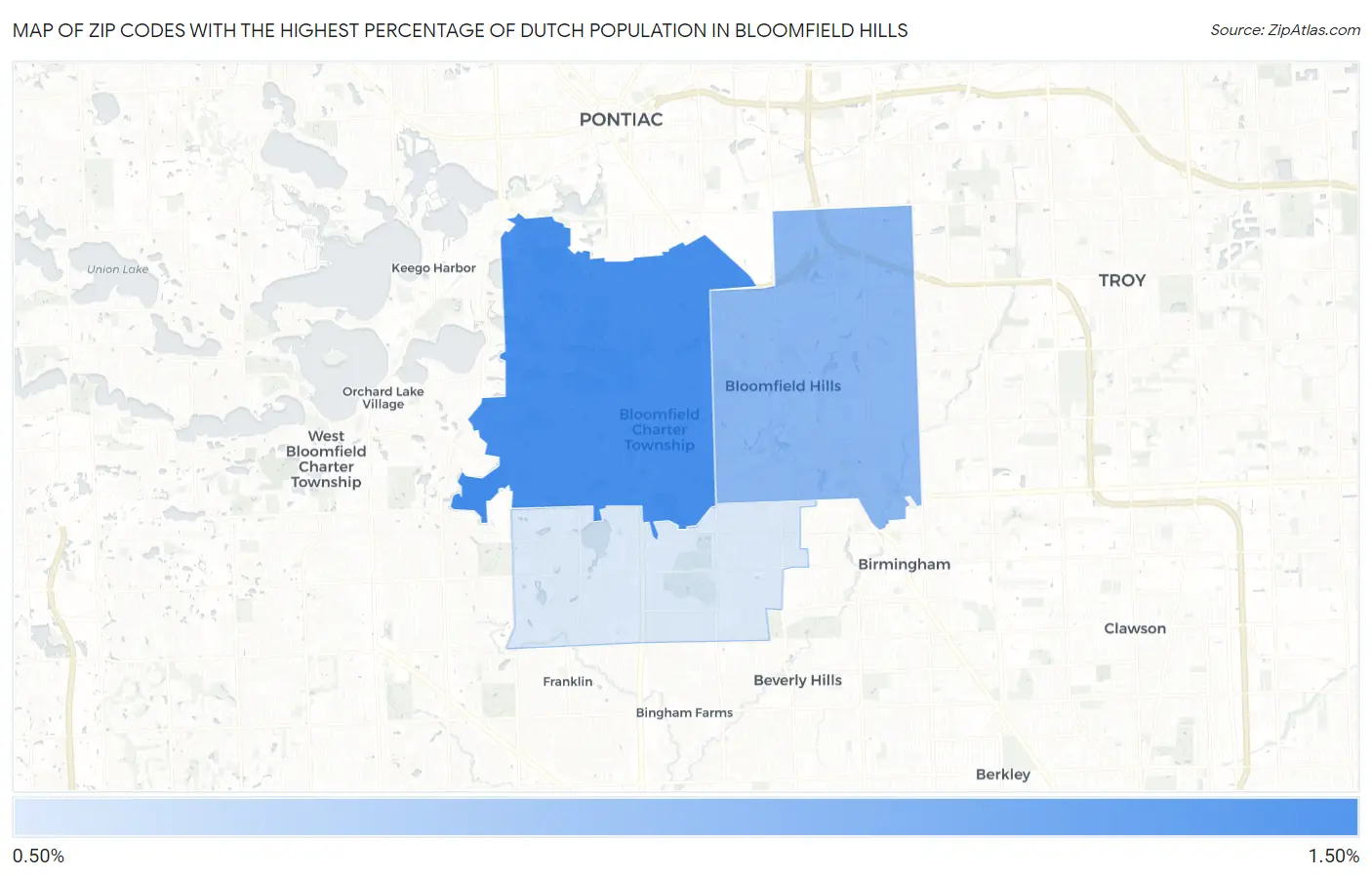 Zip Codes with the Highest Percentage of Dutch Population in Bloomfield Hills Map