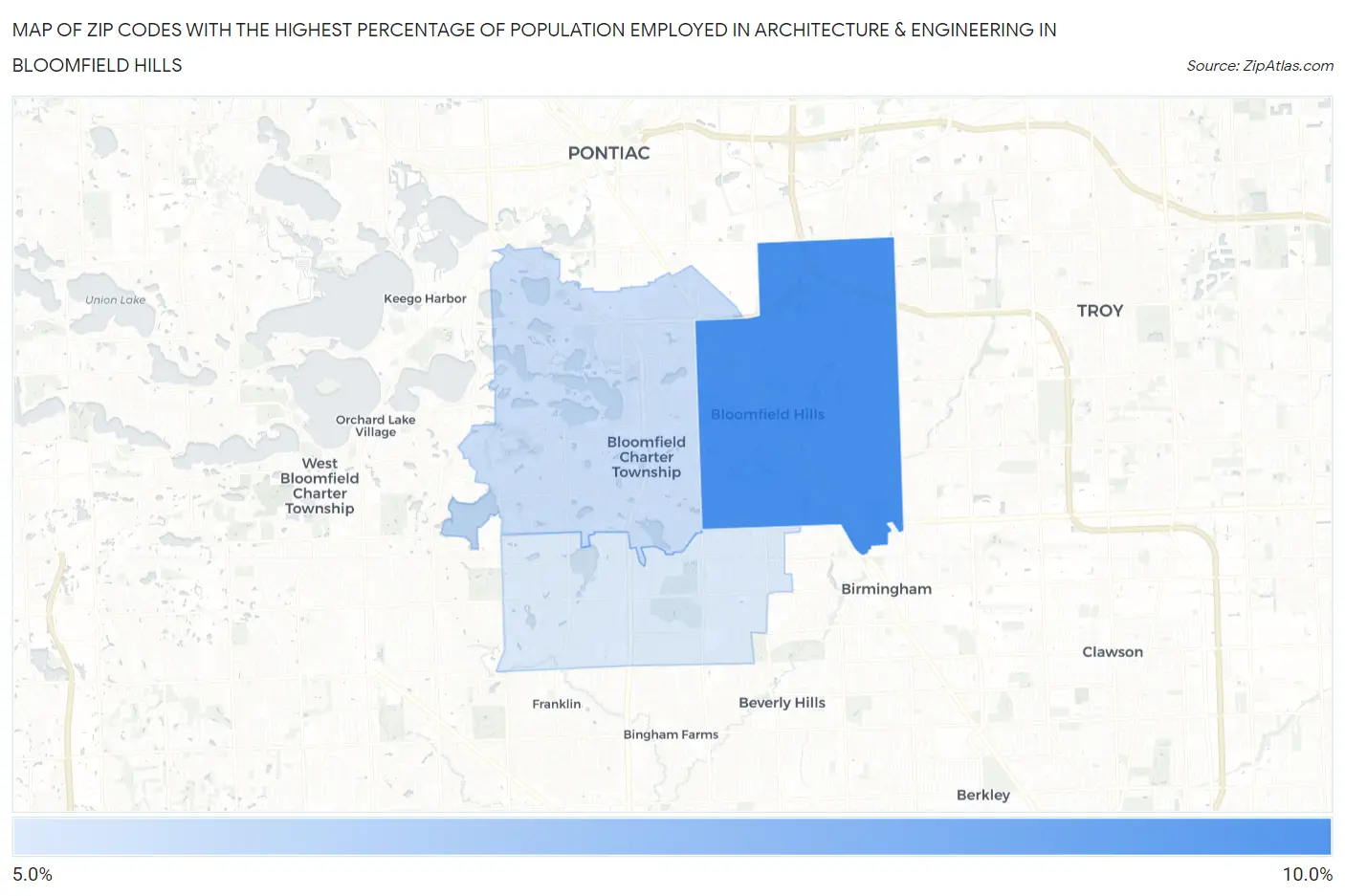 Zip Codes with the Highest Percentage of Population Employed in Architecture & Engineering in Bloomfield Hills Map