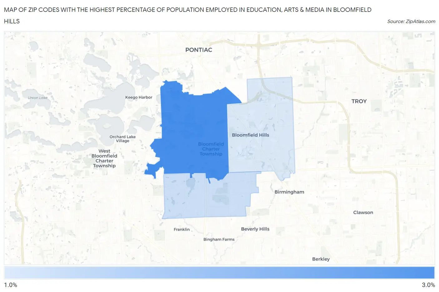 Zip Codes with the Highest Percentage of Population Employed in Education, Arts & Media in Bloomfield Hills Map