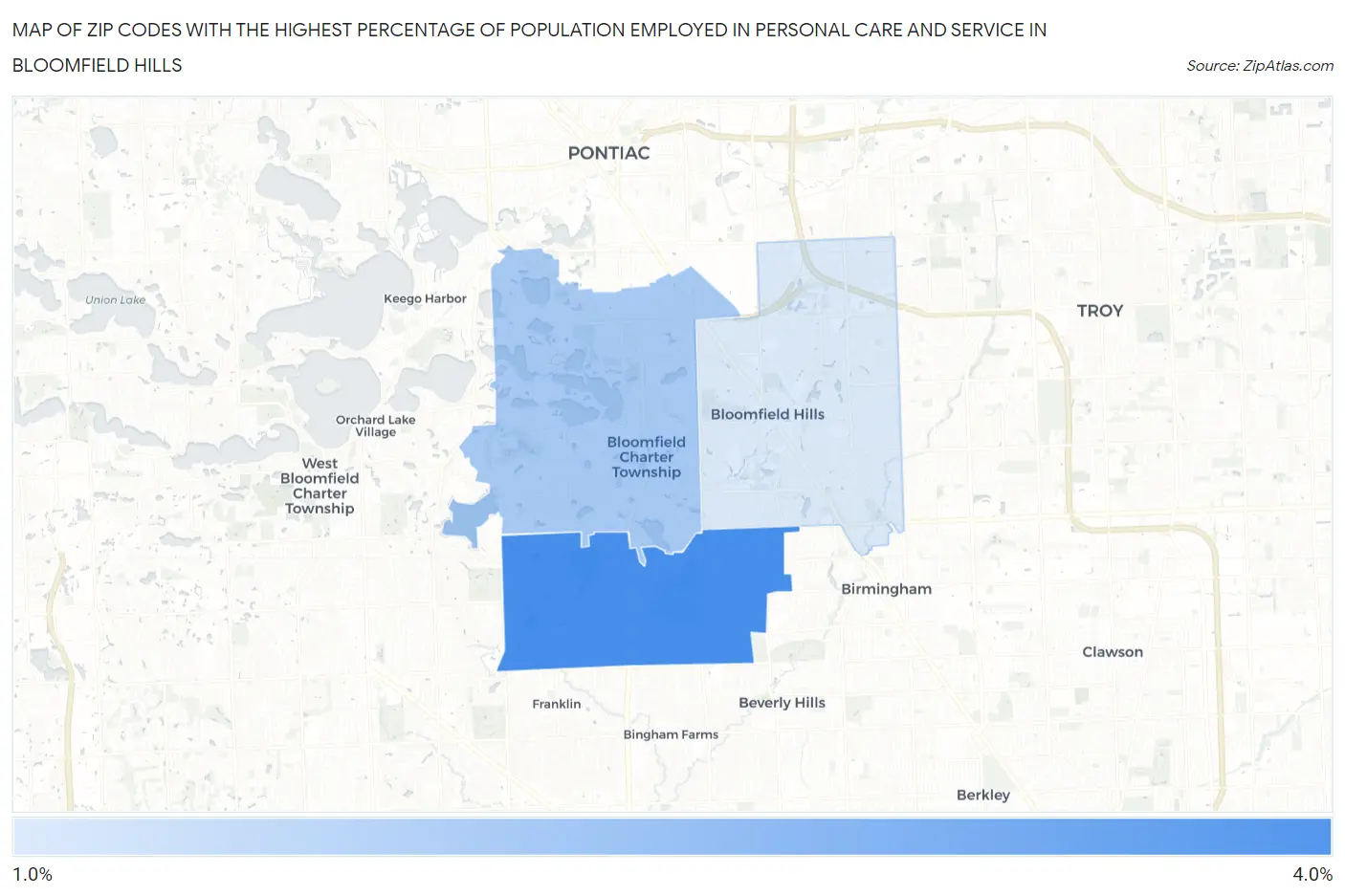 Zip Codes with the Highest Percentage of Population Employed in Personal Care and Service in Bloomfield Hills Map