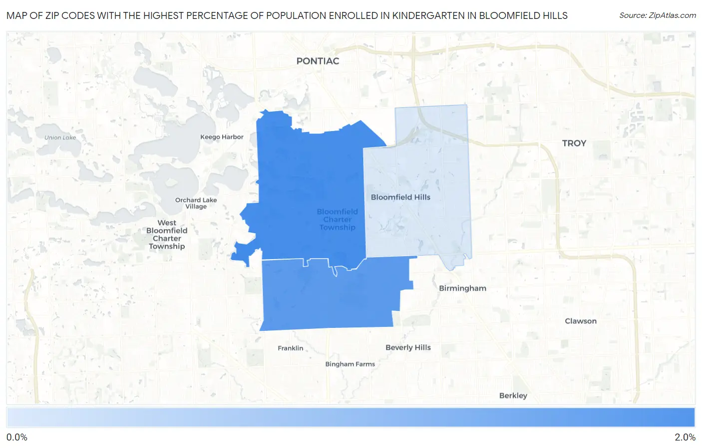 Zip Codes with the Highest Percentage of Population Enrolled in Kindergarten in Bloomfield Hills Map