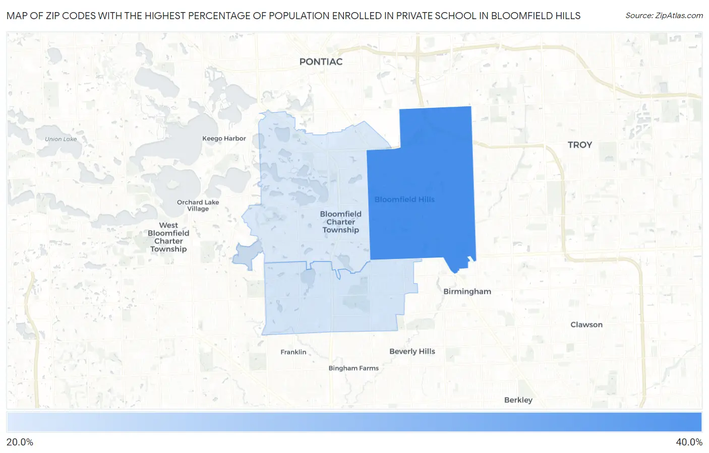 Zip Codes with the Highest Percentage of Population Enrolled in Private School in Bloomfield Hills Map