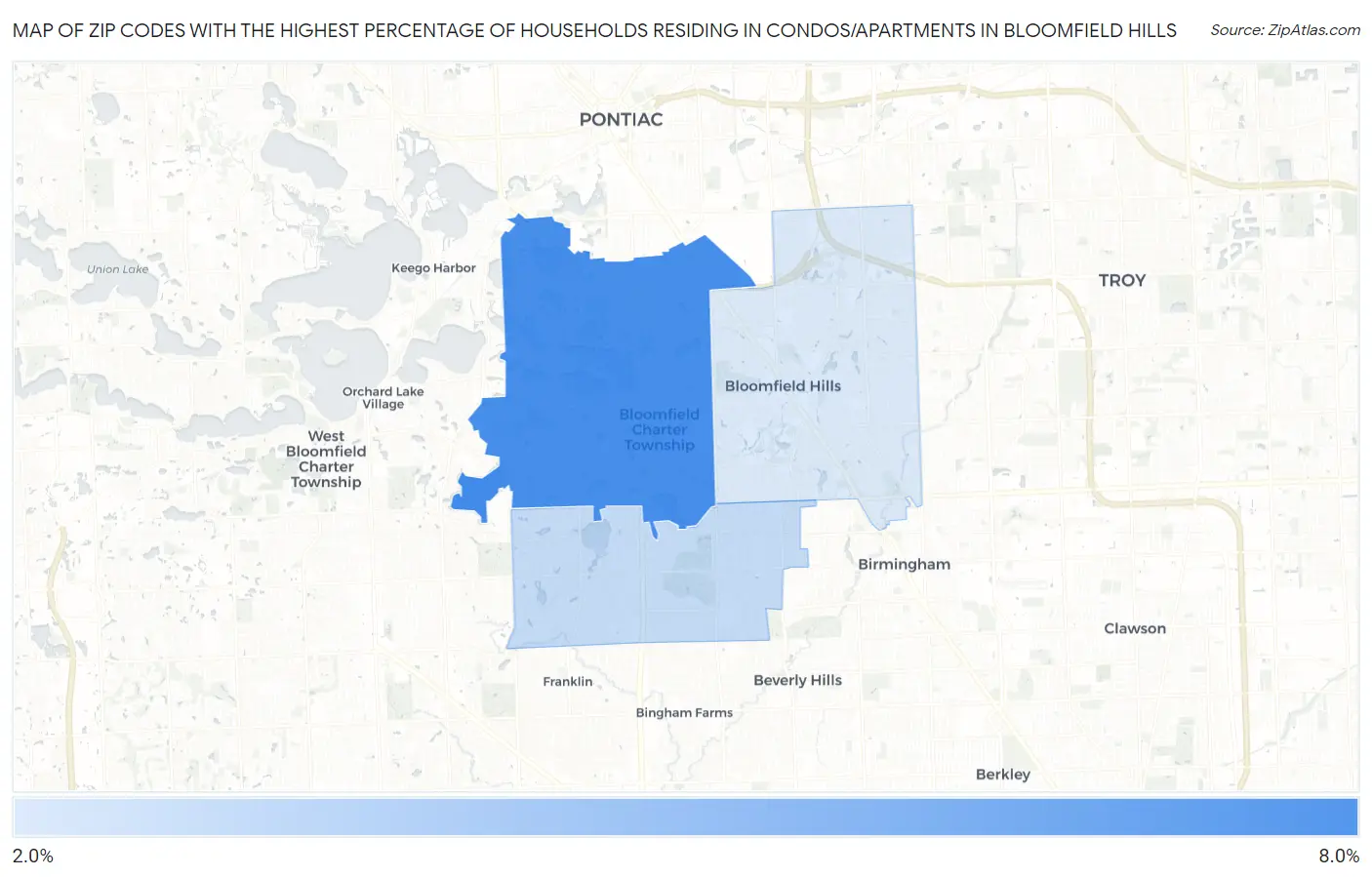 Zip Codes with the Highest Percentage of Households Residing in Condos/Apartments in Bloomfield Hills Map