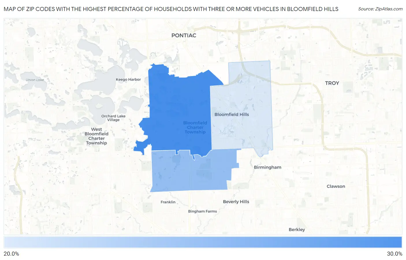 Zip Codes with the Highest Percentage of Households With Three or more Vehicles in Bloomfield Hills Map