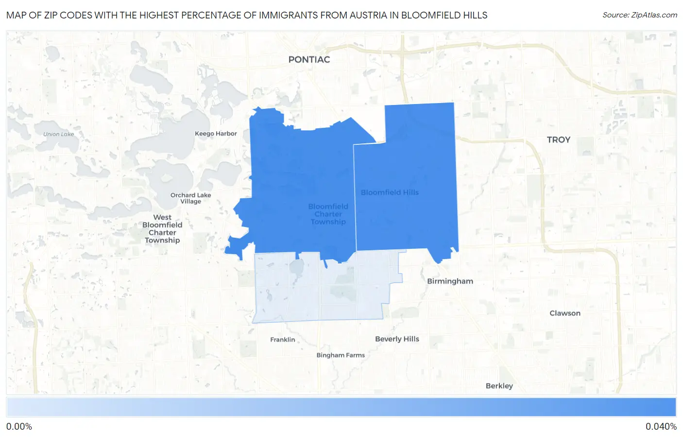 Zip Codes with the Highest Percentage of Immigrants from Austria in Bloomfield Hills Map