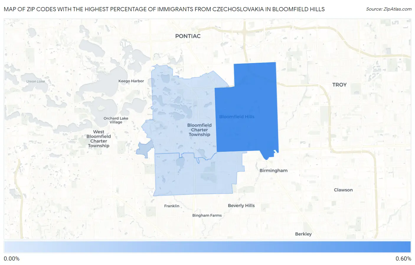 Zip Codes with the Highest Percentage of Immigrants from Czechoslovakia in Bloomfield Hills Map