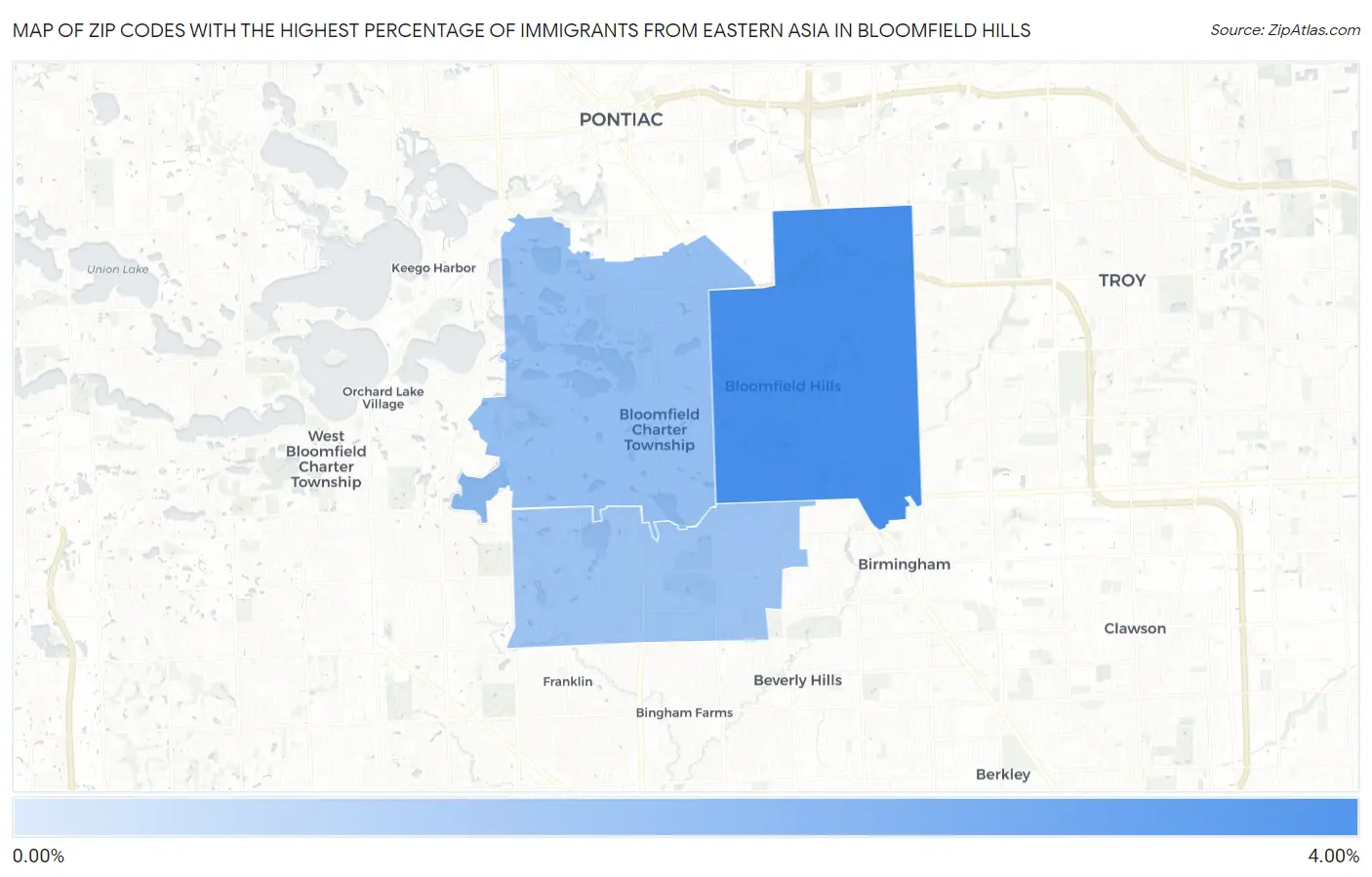 Zip Codes with the Highest Percentage of Immigrants from Eastern Asia in Bloomfield Hills Map