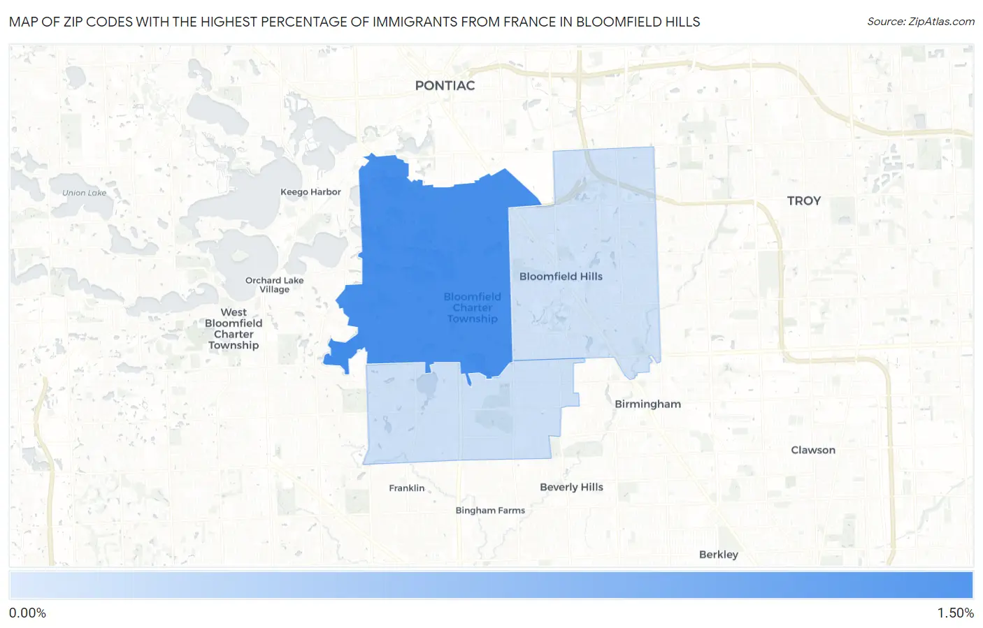Zip Codes with the Highest Percentage of Immigrants from France in Bloomfield Hills Map