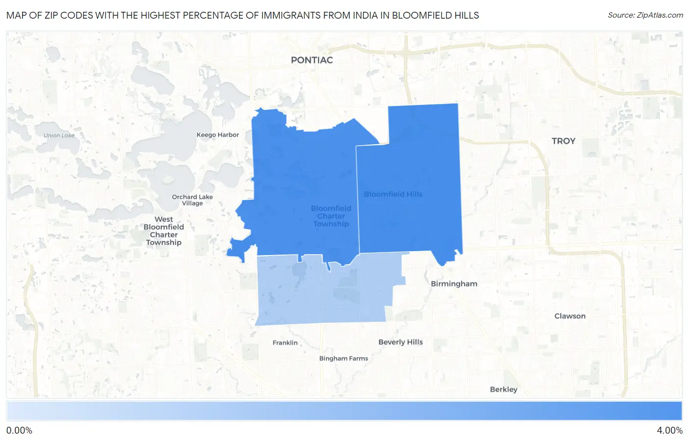 Zip Codes with the Highest Percentage of Immigrants from India in Bloomfield Hills Map