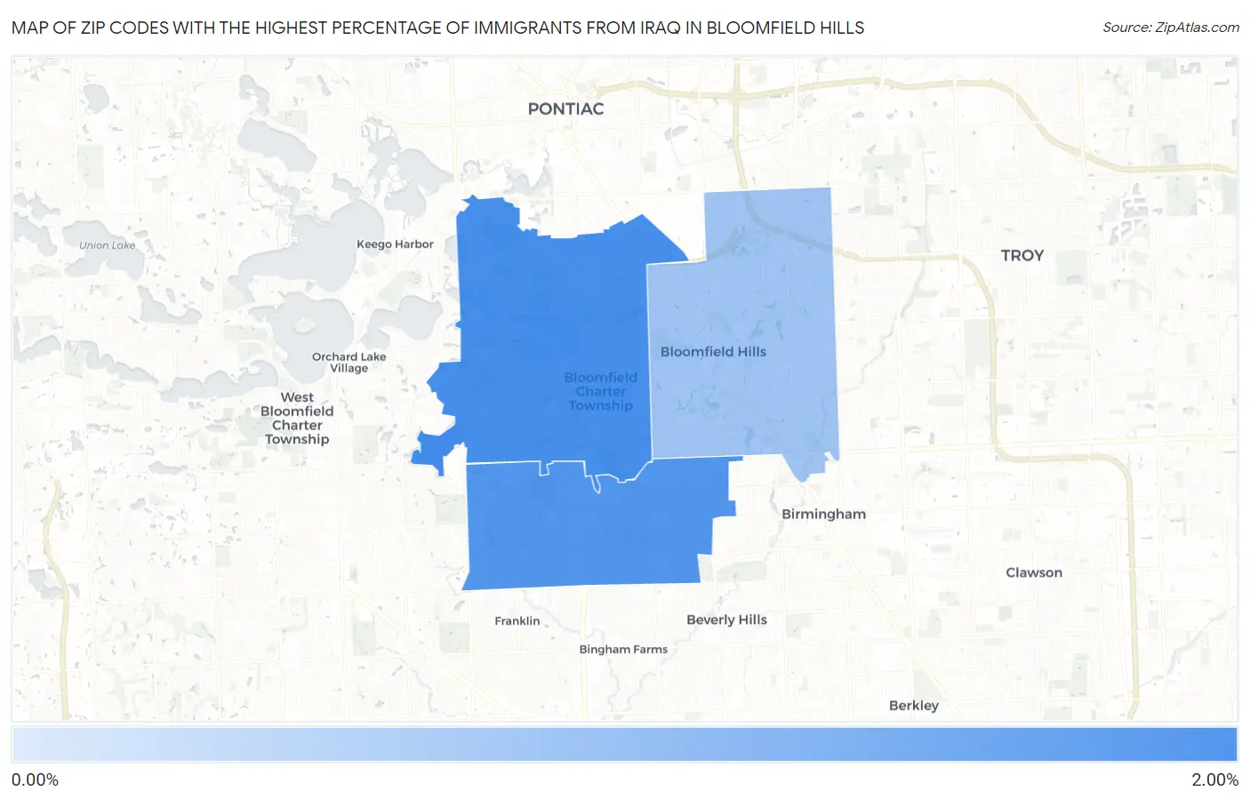 Zip Codes with the Highest Percentage of Immigrants from Iraq in Bloomfield Hills Map