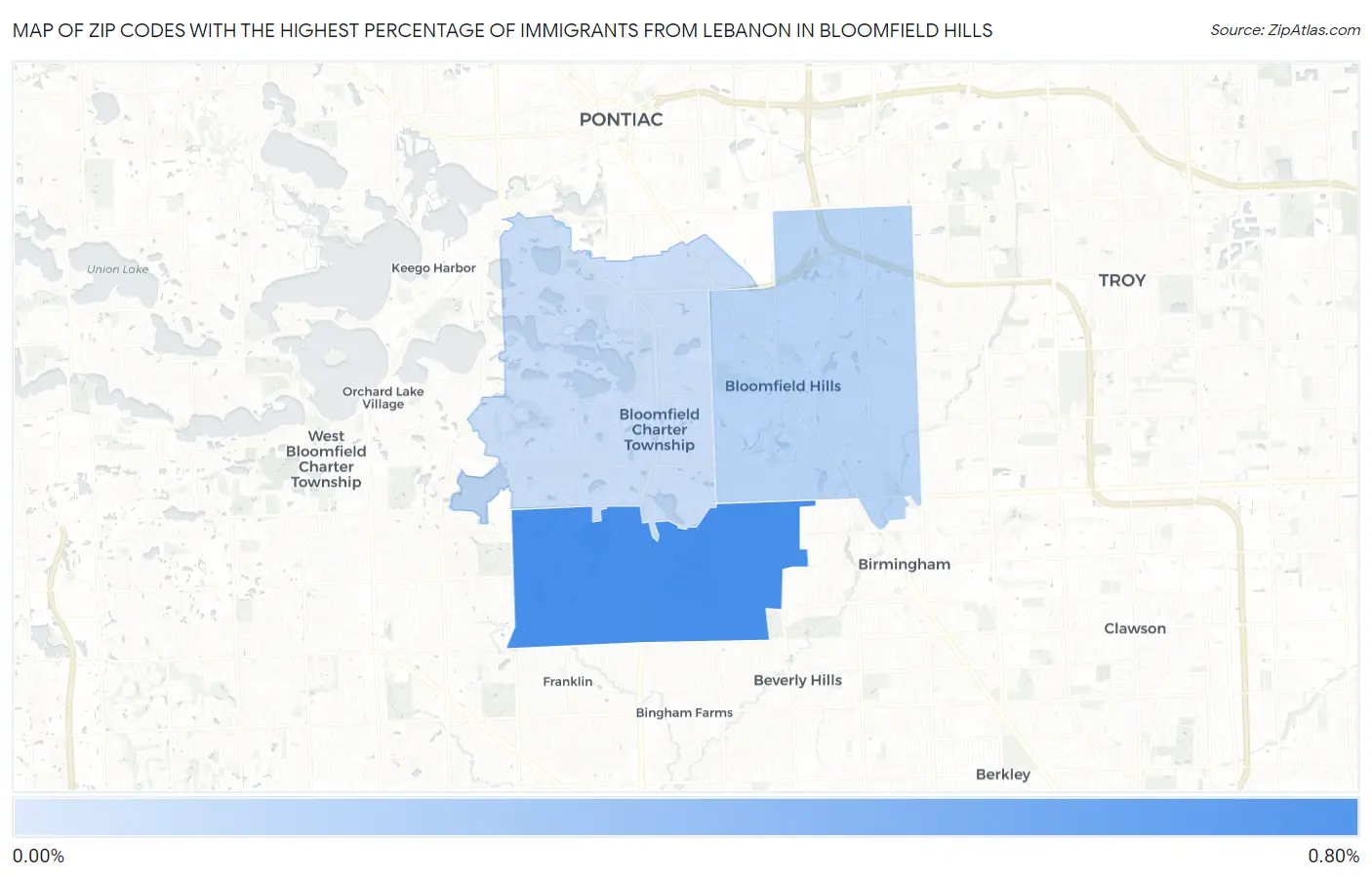 Zip Codes with the Highest Percentage of Immigrants from Lebanon in Bloomfield Hills Map