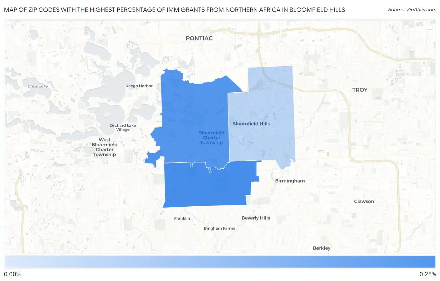 Zip Codes with the Highest Percentage of Immigrants from Northern Africa in Bloomfield Hills Map