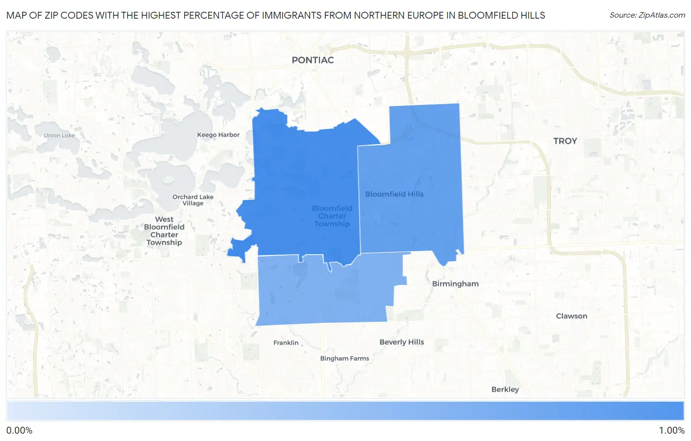 Zip Codes with the Highest Percentage of Immigrants from Northern Europe in Bloomfield Hills Map