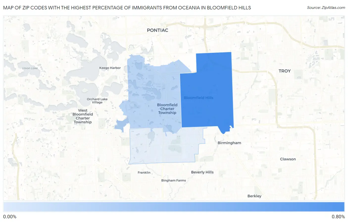 Zip Codes with the Highest Percentage of Immigrants from Oceania in Bloomfield Hills Map